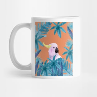 Cockatoo with tropical leaves in watercolor and a coral background Mug